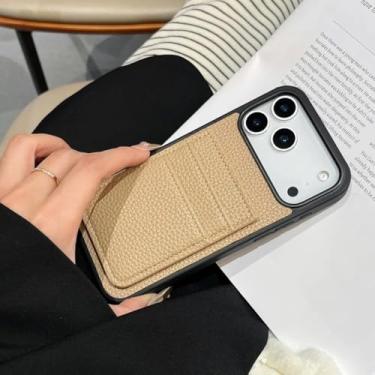 Imagem de HTVJFXCapa protetora tipo carteira em couro PU com estampa de lichia e suporte duplo para cartões para iPhone 16 Pro Max (para iPhone 16 Pro Max/Cáqui)