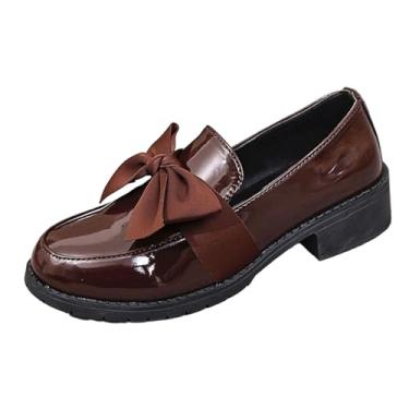 Imagem de Sapatos femininos elegantes e casuais versáteis de um pé com laço redondo confortável tamanho grande salto grosso pequeno sapatos de couro, Marrom, 38