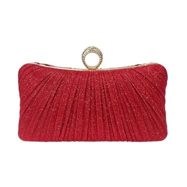 Imagem de Bolsa clutch feminina dourada com purpurina, plissada, para festa de casamento nupcial com anel de strass, Vermelho velho