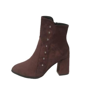 Imagem de Botas femininas quentes e versáteis, grandes, pontiagudas, salto grosso, moderno, salto médio, com pernas curtas, Vinho vinho, 35 BR