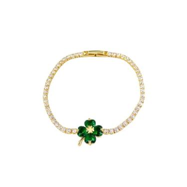 Imagem de NewZenro Pulseira feminina clássica de trevo de quatro folhas verde zircônia cúbica elegante banhada a ouro com pulseira floral da sorte joia moderna para sua melhor amiga 19 cm