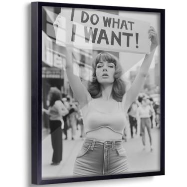 Imagem de Arte de parede feminista vintage preto e branco pôster feminino empoderamento citação fotografia impressão moderna retrô decoração de parede em tela 20 x 25 cm moldura de alumínio preto