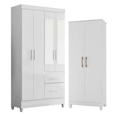 Imagem de Guarda Roupa Solteiro Madri com Espelho e Armário Multiuso Jade Branco