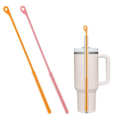 Imagem de 2 peças de escova de limpeza de canudo de silicone, limpador de canudos extralongos de 24 cm, ferramenta de limpeza reutilizável para canudo de plástico de vidro de metal e tubo dobrável (rosa
