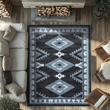 Imagem de Tijuboni Tapetes ocidentais para sala de estar antiderrapantes, tapetes de área do sudoeste para sala de jantar, cozinha, quarto, berçário, suporte de borracha lavável, 9 x 12 asteca preto-branco-azul