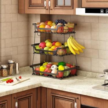 Imagem de Fruteira de Mesa 3 Andares, Cesto de Frutas de Metal com Alça, Organizador Multifuncional de Frutas e Verduras, Fruteira de Cozinha para Armazenamento e Decoração de Casa