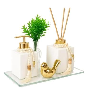 Imagem de Kit Lavabo Luxo em Vidro Branco 250ml – Difusor Aromatizador e Saboneteira com Bandeja Espelhada e Acessórios(Ouro)