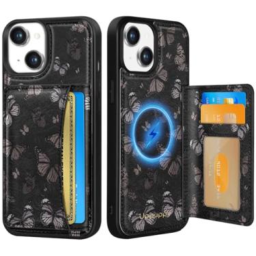 Imagem de Uppuppy Capa para iPhone 14 Plus com carteira – Compatível com MagSafe Women Girls Cute Aesthetic Unique Design Suporte de cartão de crédito de couro para Apple 14 Plus, borboleta preta