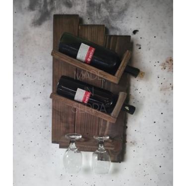 Imagem de Adega de Parede em Madeira Rústica, Suporte para 2 Garrafas de 750ml e 2 Taças, 55x28x10 cm, Marrom