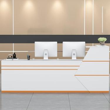 Imagem de Mesa de recepção moderna em forma de L com gaveta com trava, prateleira aberta e bandeja de teclado - balcão frontal perfeito para salão, saguão ou escritório - Design elegante e funcional - 120 cm