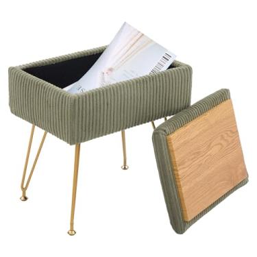 Imagem de Banqueta multifuncional verde com armazenamento, apoio para os pés otomano retangular, pernas de metal antiderrapante, cadeira de maquiagem ideal para penteadeira no quarto ou sala de maquiagem