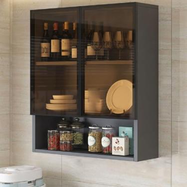 Imagem de Armário de parede para banheiro e cozinha com porta de vidro, armário de parede de madeira maciça para varanda e vaso sanitário, 60 x 30 x 80 cm - Solução de organização elegante e econômica de espaço