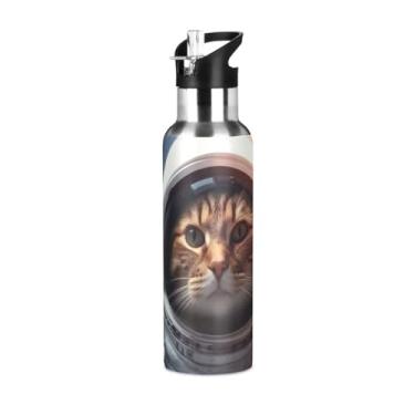 Imagem de Burbuja Garrafa de água de aço inoxidável Space Cat, garrafas de água isoladas a vácuo com tampa de canudo para esportes, academia, escola - à prova de vazamento e suor, sem BPA, 590 ml
