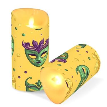 Imagem de SEHANY Máscara de carnaval velas sem chama com controle remoto e temporizador, 2 peças de velas de pilar de LED cintilantes operadas por bateria para decoração de festa de casamento, dia dos namorados