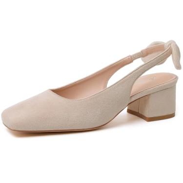 Imagem de Mostrin Sapato social feminino de salto baixo grosso com laço, salto em bloco, fechado, bico quadrado, para trabalho, escritório, dia a dia, casamento, Nude #05, 36