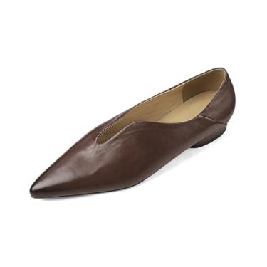 Imagem de TinaCus Mocassim feminino de couro legítimo feito à mão em forma de V com bico fino e confortável, Marrom, 36
