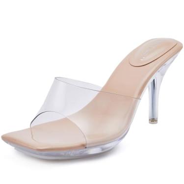 Imagem de NBUUNBU Salto transparente para mulheres, plataforma sexy, salto gatinho, tiras transparentes, bico quadrado, sandálias confortáveis, Nude., 40