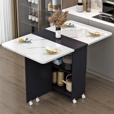 Imagem de Mesa de jantar dobrável extensível de folhas dobráveis, mesa dobrável moderna, mesa de jantar com 8 rodas e prateleira de armazenamento de 2 camadas, mesa expansível multifuncional para cozinha
