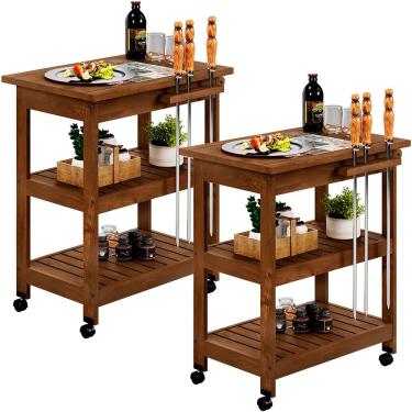 Imagem de Kit 2 Carrinho De Churrasco Grade Churrasqueira Cerâmica Home W02 Madeira Maciça Imbuia - Lyam Decor