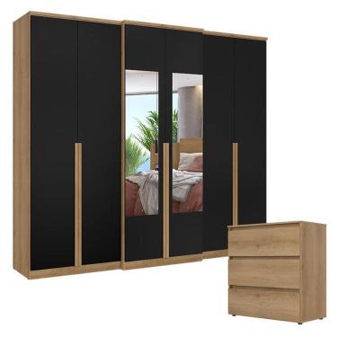 Imagem de Guarda Roupa Casal Valência 6 Portas Glass Capuccino Preto com Cômoda Gaveteiro Condessa Capuccino - THB