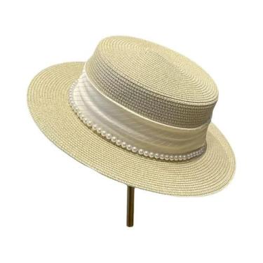 Imagem de Chapéu Panamá De Palha Elegante Com Corrente De Pérolas Para Mulheres,