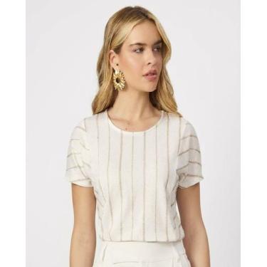 Imagem de Blusa Feminina Visco Linho Lurex Listrada Endless Off White Dourado, O
