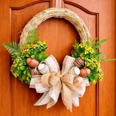 Imagem de Guirlanda de Pascoa Decoração Artesanal com Ovos Decorativos e Laço Bege 35CM