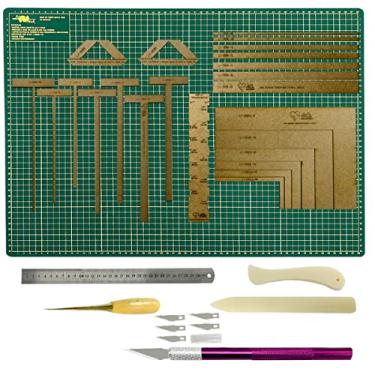 Imagem de Kit Placa De Corte 30x45 Gabarito Mdf Cartonagem Scrapbook Wireo Regua Inox 30cm Dobradeira Vincador (Estilete Roxo)