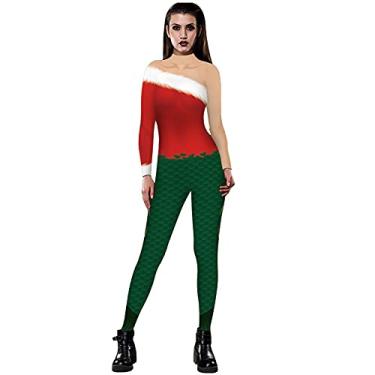 Imagem de Yajun Macacões femininos de Natal com estampa em 3D, gola alta, macacão casual leve para outono e inverno, C, P (busto: 79 cm)