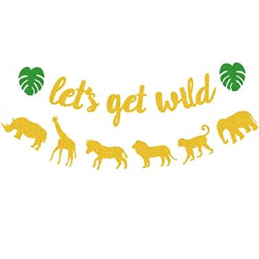 Imagem de Letreiro Let's Get Wild com tema de animal de safári, selva, tema de animal, guirlanda de aniversário, chá de bebê, selvagem, placa de boas-vindas Floresta 1º aniversário, decorações de festa de aniversário dourado