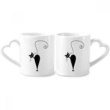 Imagem de Conjunto de canecas de porcelana para casais, desenho de arte de animal de Halloween, gato preto, coração