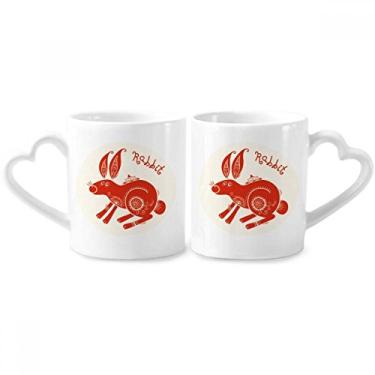 Imagem de Ano de Coelhos Animal China Zodíaco Vermelho Casal Porcelana Conjunto de Caneca de Cerâmica Amante Copo Punho Coração