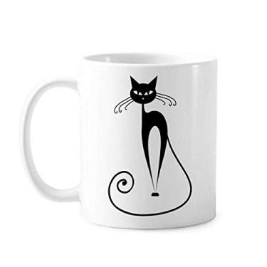 Imagem de Caneca com desenho de animal de gato preto cauda longa cerâmica copo de porcelana café louça