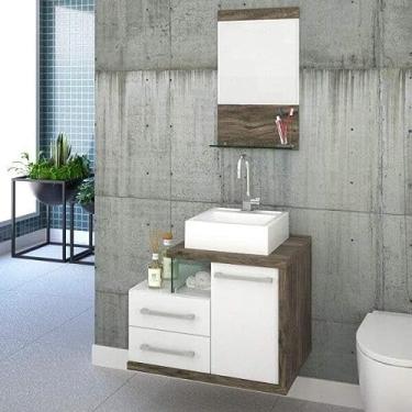 Imagem de Gabinete para Banheiro 1 Porta 2 Gavetas 1 Cuba Q35 e Espelheira Legno 651W Siena Móveis Branco/Carvalho Dark