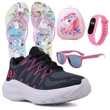 Imagem de Tenis Infantil De Amarrar Meninas Leve Desenhos LIGHT + Mochila Chinelo Oculos Relogio Cor:Preto;Tamanho:32