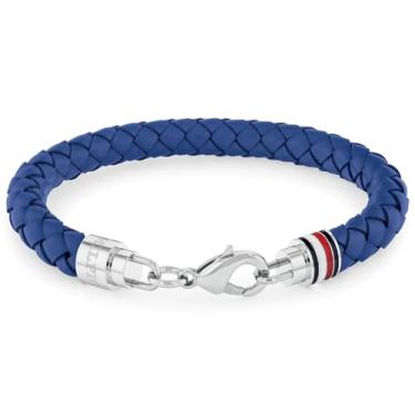 Imagem de Tommy Hilfiger Pulseira de joias masculina, couro azul trançado, fecho de lagosta, roupa casual, (modelo: 2790548), Standard, Aço inoxidável, Sem pedras preciosas