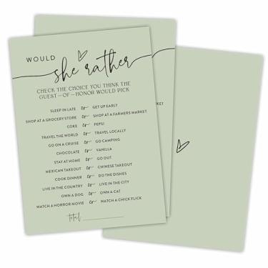 Imagem de NYCTUG Minimalism Would She Rather Cartões de jogo para festa de casamento, chá de panela verde musgo, Mr & Mrs, recém-casados, lembrancinhas e suprimentos de festa de noivado (30 peças) -C02