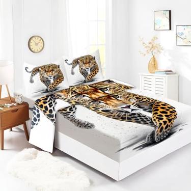 Imagem de Bhoyctn Jogo de lençol Queen Size animal leopardo branco estampado ultra macio 100% microfibra - 40,6 cm bolso profundo respirável confortável conjunto de lençóis - 4 peças