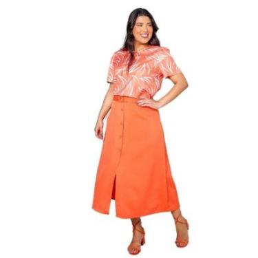 Imagem de Saia Midi Feminina Plus Size com Cinto Fenda Frontal Botões em Linho com Elastano Elegante Casual-Feminino