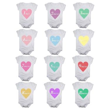 Imagem de Kit body bebê mesversario manga curta estampa corações 12 bodies 1 a 12 meses