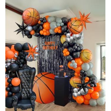 Imagem de Basketball balloons Garland Arch Kit 136pcs Orange Black and Silver Balloons with large Foil Starburst basketball Balloons for Sports Theme Birthday space jam theme all star party Decorations