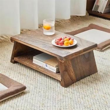 Imagem de Mesa antiga com pernas dobráveis, mesa de centro de madeira, mesa de chá japonesa de 2 camadas, mesa de tatame para laptop, mesa baixa multifuncional, mesa de centro para janela saliente