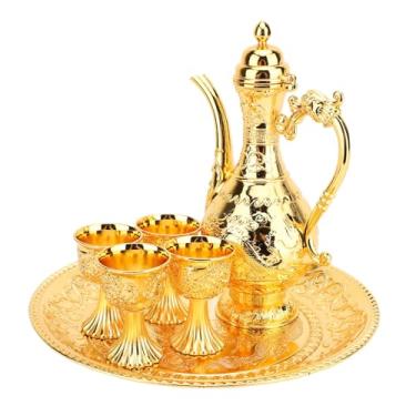 Imagem de Conjunto de Xícaras e Pires de Metal para chá Turco Vintage, Conjunto Com 6 Alças, Utensílios para Bebidas, Bar, Bules Sofisticados, Servindo Copos, Cozinha, Feminino, (Ouro)