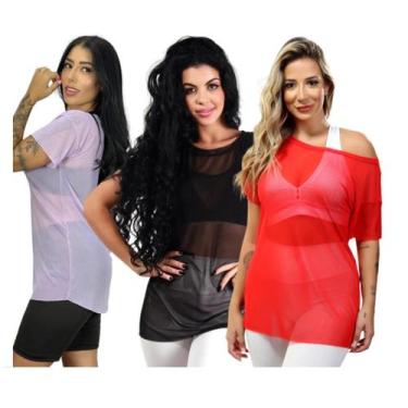 Imagem de Kit 3 Blusas Tule Academia Fitness Feminina Tela Transparente Camiseta