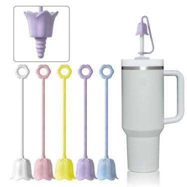 Imagem de Neepanda 5 peças de tampa de canudo de silicone para copo Stanley, capas de canudo reutilizáveis fáceis de limpar, cobertura de palha de flor à prova de poeira, compatível com canudos de 6 a 10 m/0,23 a 0,4 polegadas (cor B)