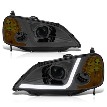 Imagem de DNA MOTORING Faróis de projetor DRL LED 3D compatíveis com Honda Civic Sedan/Coupe 2001-2003, par, fumado/âmbar, HO2518102, HO2519102, HO2502116, HO2503116, HL-LB-HC01-SM-AM