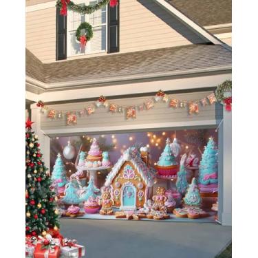 Imagem de Capa de faixa de porta de garagem de Natal 2,1 x 2,4 m, casa de pão de gengibre, bolo de gengibre, doces, decoração de porta de garagem, decoração de Natal para fotos de festa de inverno e ano novo