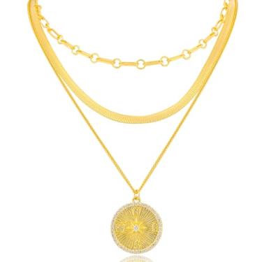 Imagem de Colar de bússola de ouro multicamadas para mulheres banhado a ouro 14K com pingente de moeda de bússola banhada a ouro 14K com pingente de moeda com zircônia cúbica estrela do norte ajustável,