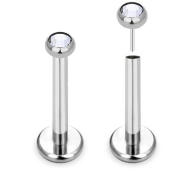 Imagem de ZYTAIJEW 2 peças G23 titânio 16G 2,5 mm bisel CZ Top sem rosca push-in Flat Back Lip Stud Ring Monroe Labret anéis de nariz hélice unha cartilagem tragus brinco piercing joias 5 mm-10 mm, Titânio, Sem