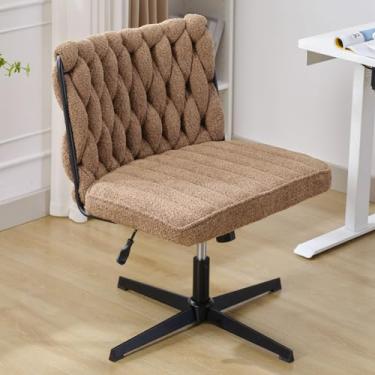 Imagem de Tzou Cadeira de mesa de escritório sem braços pernas cruzadas altura ajustável giratória acolchoada Teddy/brouce tecido sem rodas cadeira de mesa para escritório em casa estudo quarto marrom